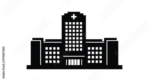 Modern hospital building silhouette with medical cross emblem above windows symbolizing healthcare services and medical care
