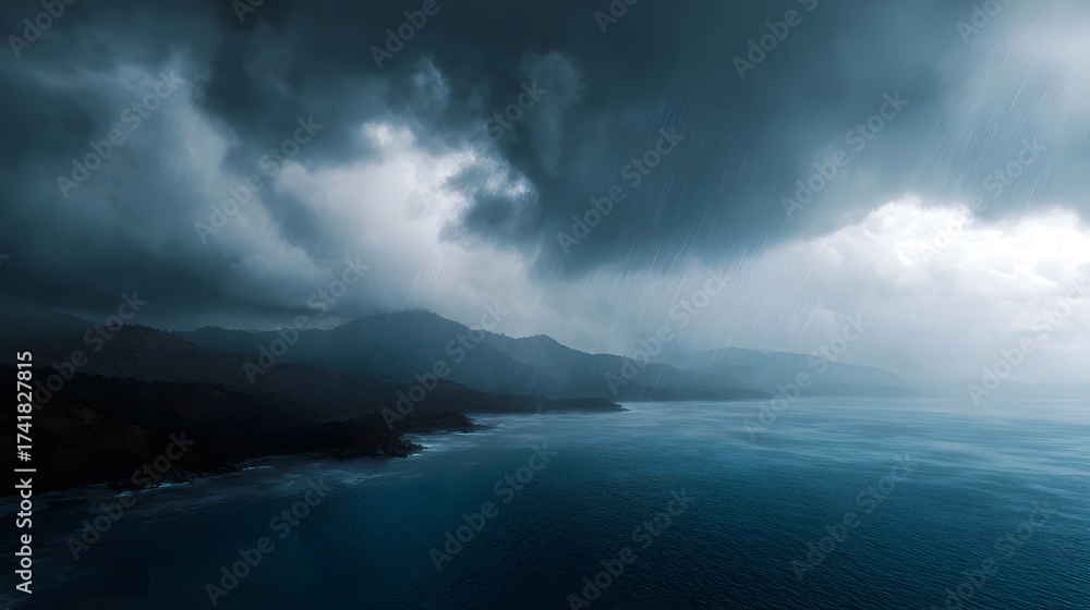 Naklejka premium Dramatic stormy coastline with heavy rain falling over the ocean under dark turbulent clouds