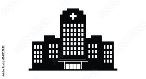 Modern hospital building with cross symbol healthcare medical facility architecture front view silhouette