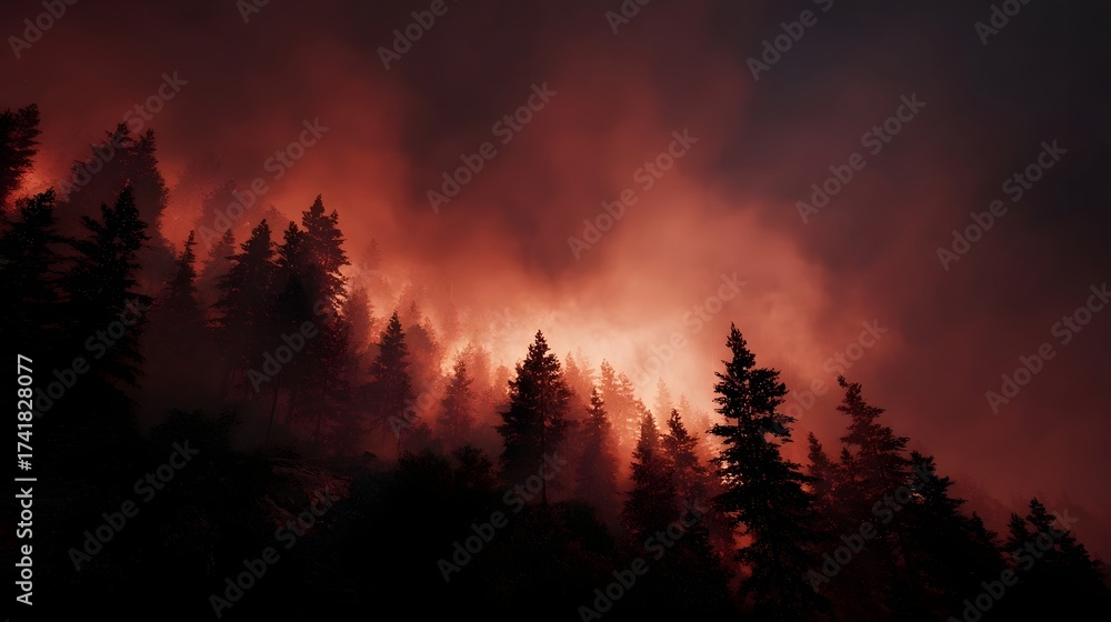 Fototapeta premium A dense forest at night is engulfed by a raging wildfire casting an ominous red glow through thick smoke