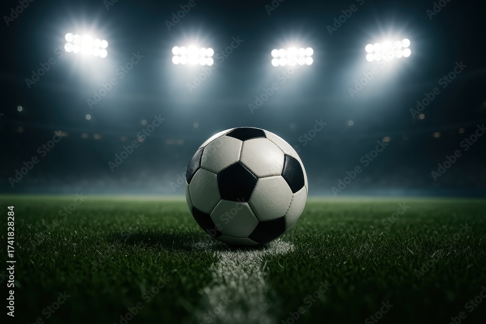 Fototapeta premium Closeup soccer ball on center spot stadium lights blazing and dramatic grass texture