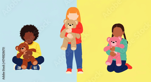 Diverse Children Hugging Adorable Teddy Bears.