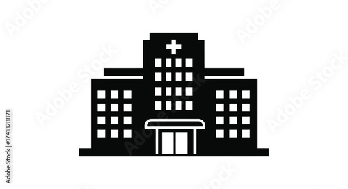 Modern hospital building facade with cross symbol representing healthcare and medical services
