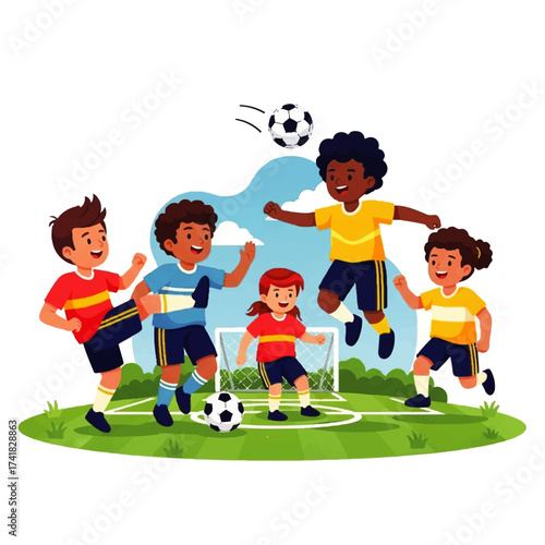 Diverse Children Playing Exciting Soccer Game Outdoors.