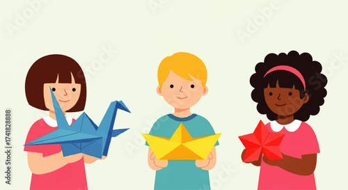 Diverse Children Holding Colorful Origami Creations.