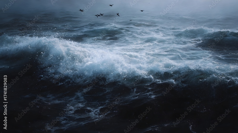 Fototapeta premium Dramatic dark ocean waves churn under a moody sky with seabirds in flight