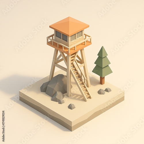Isometric low poly forest watchtower