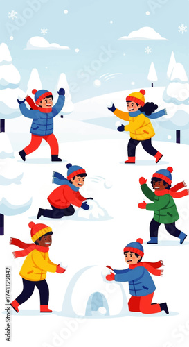 Children Enjoying a Joyful Snowball Fight.