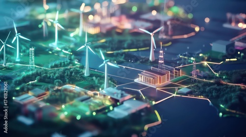 Renewable energy innovation futuristic landscape digital illustration urban environment aerial view sustainability concept