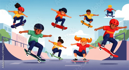 Diverse Children Enjoying Skateboarding Fun in Outdoor Park.