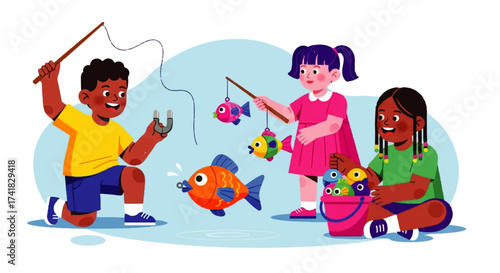 Children Enjoying a Fun Fishing Game Activity.