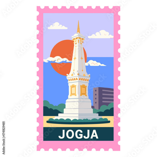 Flat Illustration Tugu Yogyakarta Stamp Landmark Illustration with Beautiful Scenery