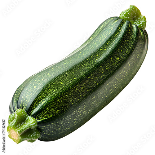 A single fresh green zucchini vegetable with visible texture and light reflections isolated on transparent background