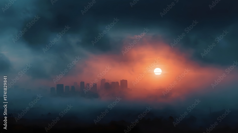 Fototapeta premium A hazy sunrise breaks through dense clouds casting a warm orange glow over a silhouetted city skyline shrouded in fog