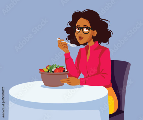 Woman Eating a Salad on Vegetarian Diet Vector Illustration. Cheerful lady enjoying her light meal for healthy dieting 


