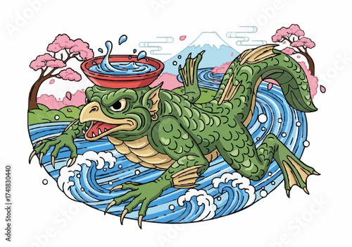 Japanese mythological creature illustration, with a creature emerging from waves near Mount Fuji and cherry blossoms