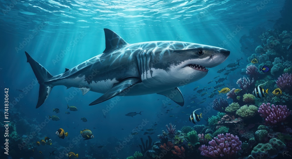Fototapeta premium Great White Shark in Deep Ocean: A majestic great white shark glides through the deep ocean, surrounded by vibrant coral reefs and the ethereal play of sunlight.
