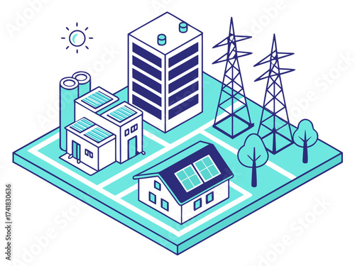 Sustainable microgrid isometric illustration with wind turbines, solar panels, and battery storage, representing modern renewable power management.