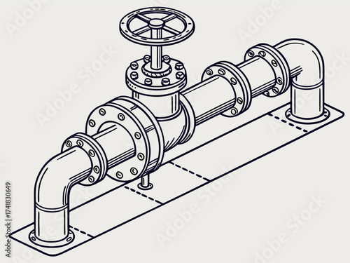 Isometric isolated vector set showing steel industrial pipelines with valve fittings for water, gas, and oil systems.