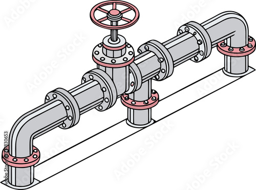 Industrial steel pipe network with valves for water, gas, and oil connection shown in isometric isolated vector design.