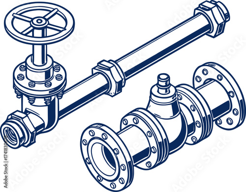 Industrial steel pipe system with valves for water, gas, and oil shown in isometric isolated vector illustration set.