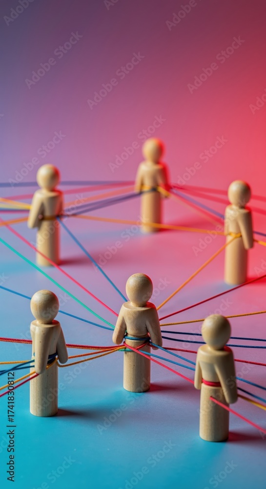 Obraz premium Interconnected Network: Wooden figures represent a connected network with threads, symbolizing a web of relationships. The color gradients of the lighting create depth. 