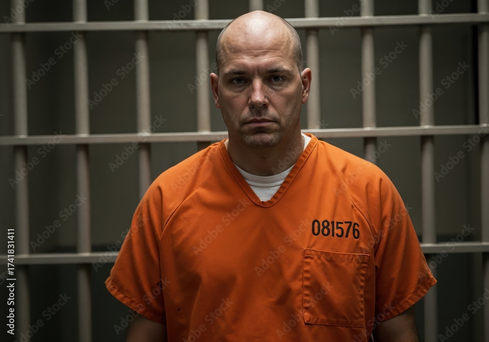 Obraz premium Prisoner of Conscience: A serious man, adorned in an orange jumpsuit, stares intently ahead from behind the stark bars of a cell, embodying themes of captivity and the weight of confinement.