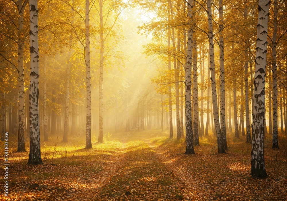 Fototapeta premium Golden Path of Serenity: A sun-drenched forest path beckons, lined by slender trees with golden leaves, painting a picture of peace and natural beauty. The light streams through the canopy.