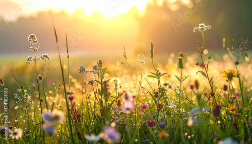 Fototapeta Naklejka Na Ścianę i Meble -  Sunlit meadow with wildflowers in bloom, bathed in golden light.