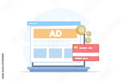 Vector illustration of online advertising and revenue growth. Laptop with big ad banner represents data-driven marketing, business profit optimization, and digital lead generation strategy.