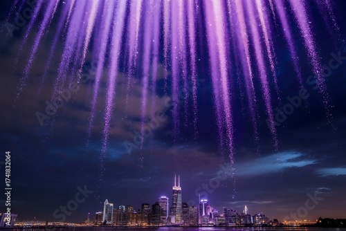 Purple fireworks illuminate the night sky above a city skyline