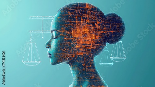 Profile of a woman's head with digital circuits and scales of justice overlayed, symbolizing AI and law.