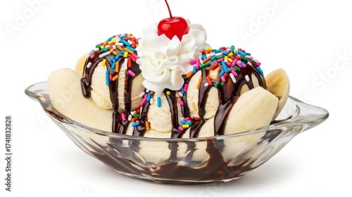 Sweet banana split dessert with sprinkles