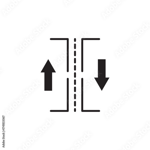 Two way traffic road sign vector icon with upward and downward arrows separated by dashed line. Simple outline style, perfect for transport, driving, street, navigation, map, and traffic safety design