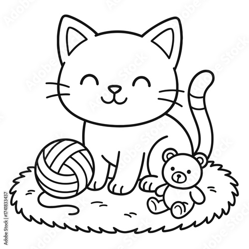 A fun and funny vector cartoon illustration of a cute, cheerful kitten with a bushy tail, perfect for an animal character design project