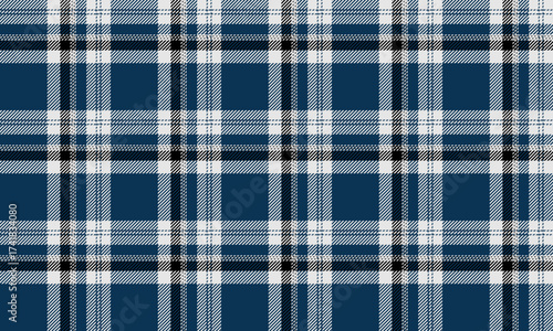 Seamless plaid fabric pattern in blue, white, and black for designing clothes, skirts, and pants. Add a cool, modern look. Easy to use for both print and digital work.