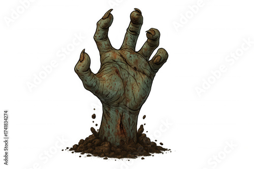 Zombie hand reaching out from grave, undead monster rising from soil for halloween horror design