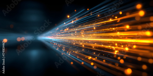 Illuminating Digital Highway: A captivating view of light streams streaking across a dark, futuristic backdrop, symbolizing data flow and technological advancement.