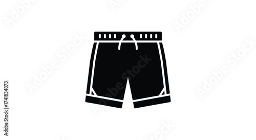 Simple black silhouette of athletic shorts front view clean graphic icon representing sports apparel and casual wear
