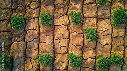 Aerial view of a parched, cracked earth with small patches of vibrant green grass growing in rows.