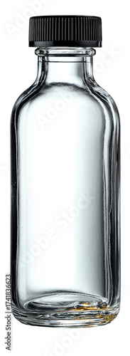 A clear glass bottle with a black cap is isolated against a black background