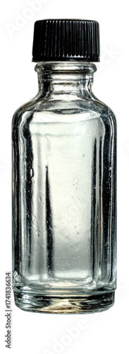 A small clear glass bottle filled with a transparent liquid, topped with a black cap