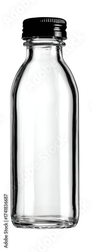 A clear, empty glass bottle with a black screw-on cap, rendered on a black background