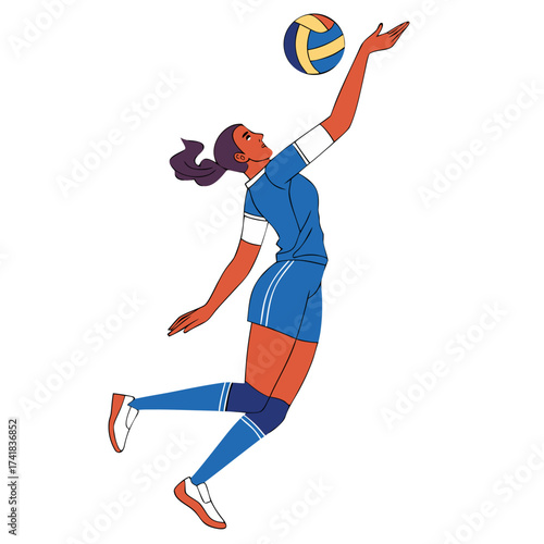 Volleyball Player in Action: Dynamic illustration of a volleyball player in mid-air, executing a powerful serve, highlighting athletic prowess and competitive spirit. 