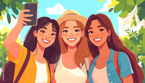 Three smiling young women taking a selfie outdoors on a sunny day.