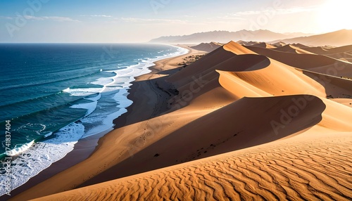 Fototapeta Naklejka Na Ścianę i Meble -  Golden sand dunes cascading into the blue ocean