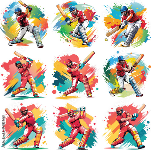Cricket player in action hitting a shot with colorful abstract background