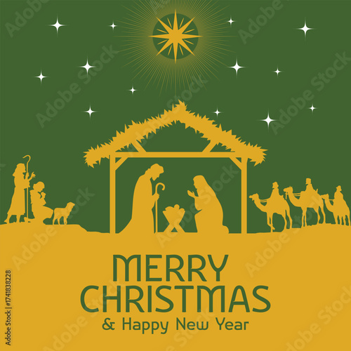 A festive Christmas nativity illustration in warm gold in a green background, featuring Mary, Joseph, baby Jesus, shepherds, and wise men under a starry sky. Perfect for holiday card.