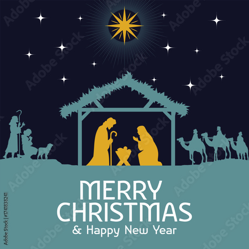 Merry Christmas and Happy New Year card design.  Mary, Joseph, and baby Jesus under the shining star. Christmas design symbolizing love, hope, and faith. Perfect for poster and greeting card.