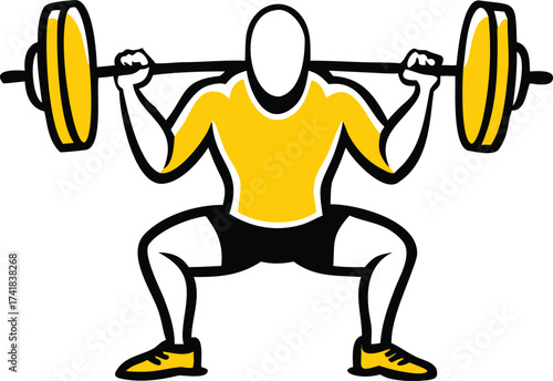 Stylized illustration of a person performing a barbell squat in yellow and black weightlifting strength training